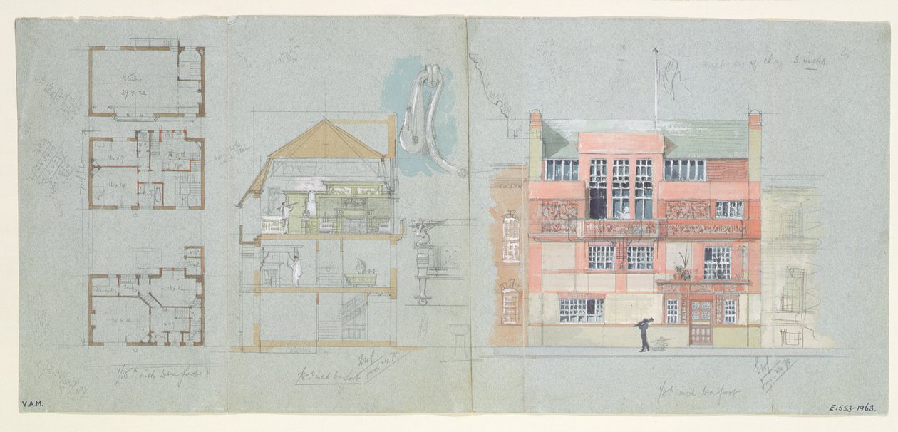 Voorgevel en Sectie voor Huis en Studio voor Frank Miles, Tite Street, Chelsea, 1878-79 door Edward William Godwin