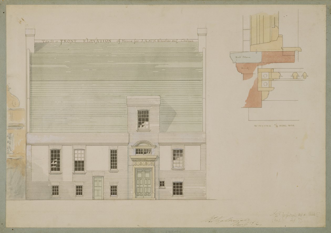 Vooraanzicht van huis voor J.A.M. Whistler Esq, Tite Street, Chelsea, 1877 door Edward William Godwin
