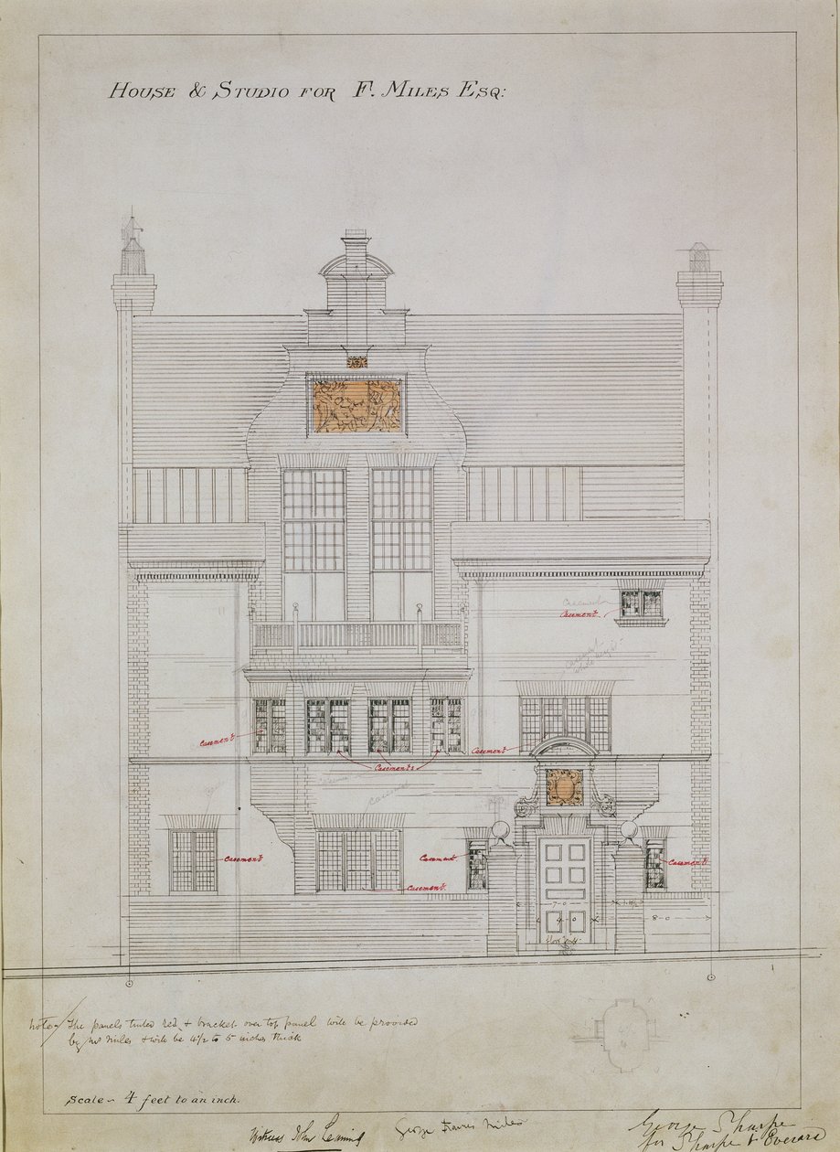 Werktekening voor Huis en Studio voor F. Miles Esq, Tite Street, Chelsea, 1878-79 door Edward William Godwin