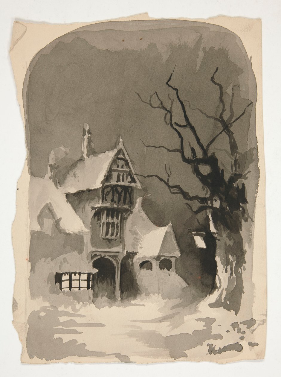Een winters tafereel: Huis in de sneeuw (recto); Diverse figuurstudies (verso) door Edwin Austin Abbey