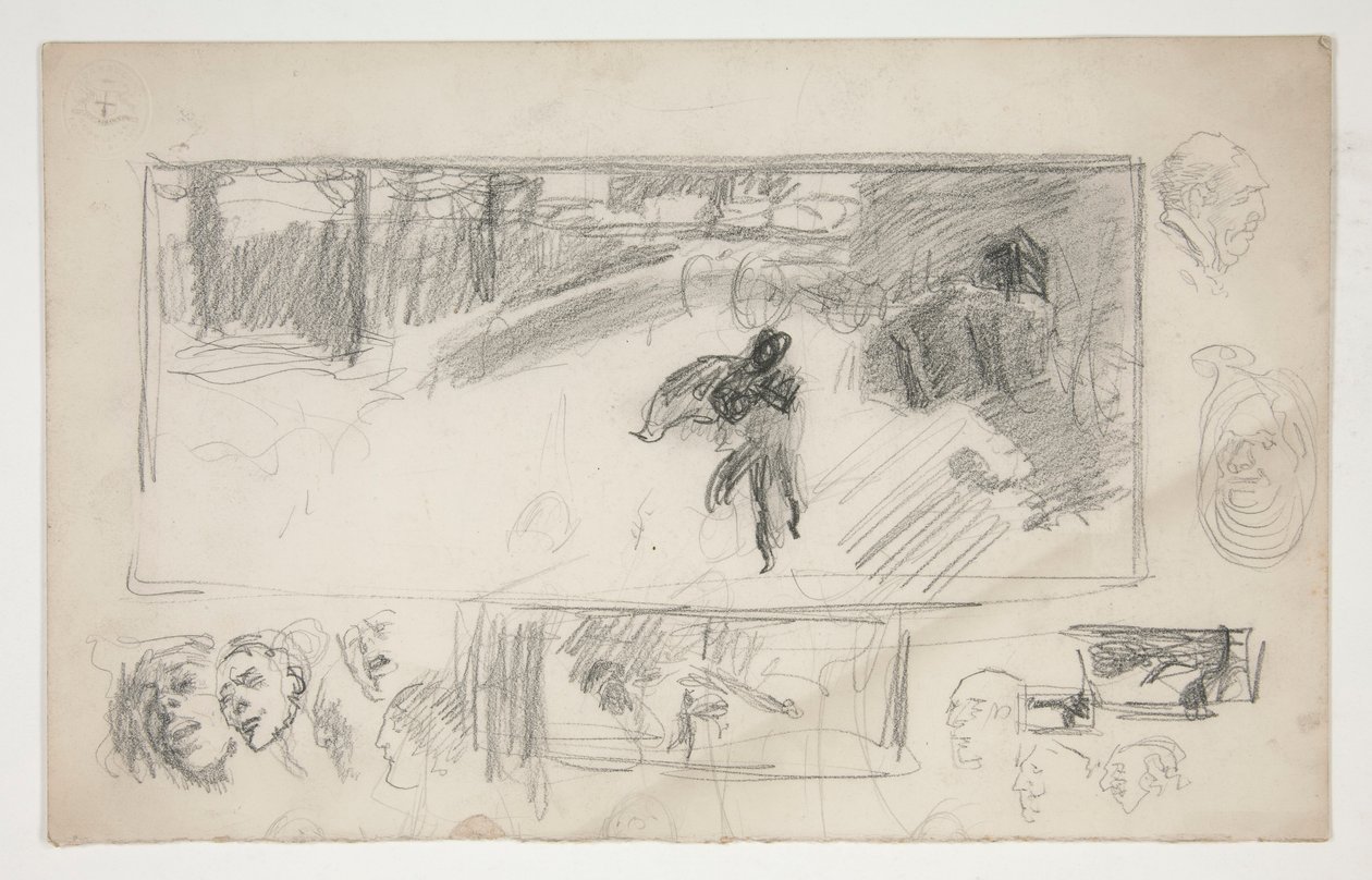 Diverse schetsen (recto); Schets van een man in een cape (verso) door Edwin Austin Abbey