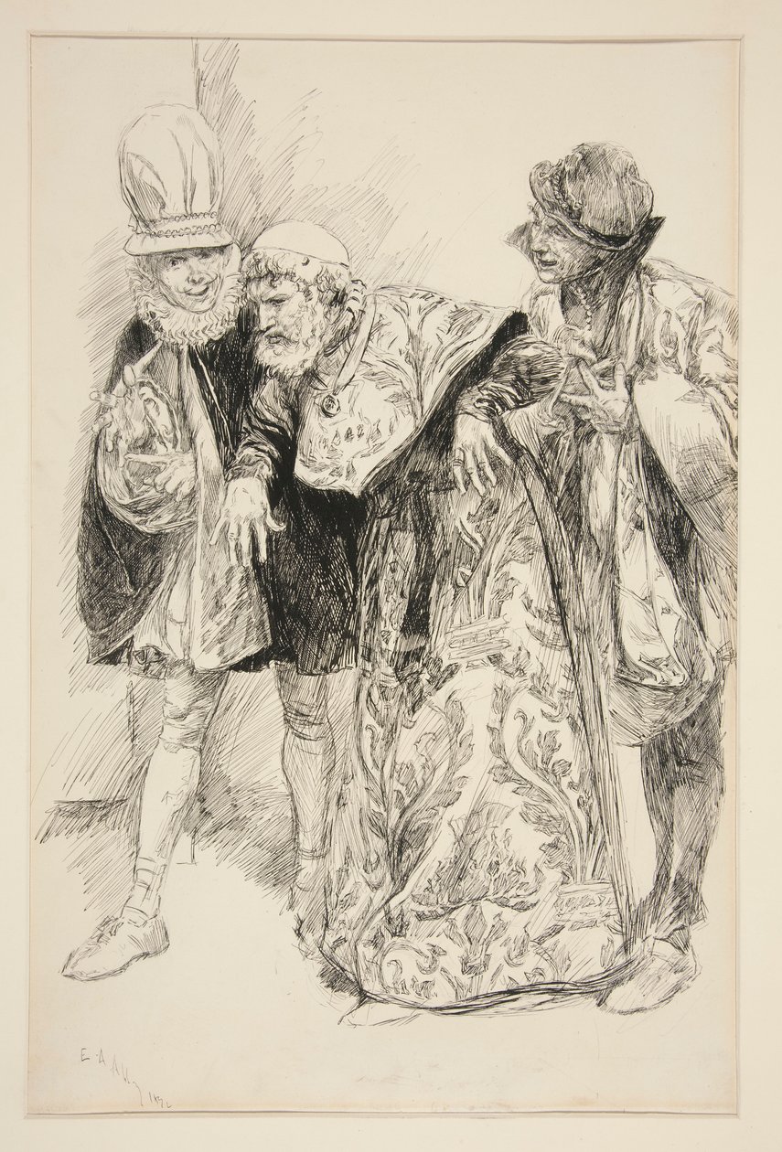 Baptista Protesteert, illustratie voor Act I, Scene i, Taming of the Shrew door Edwin Austin Abbey