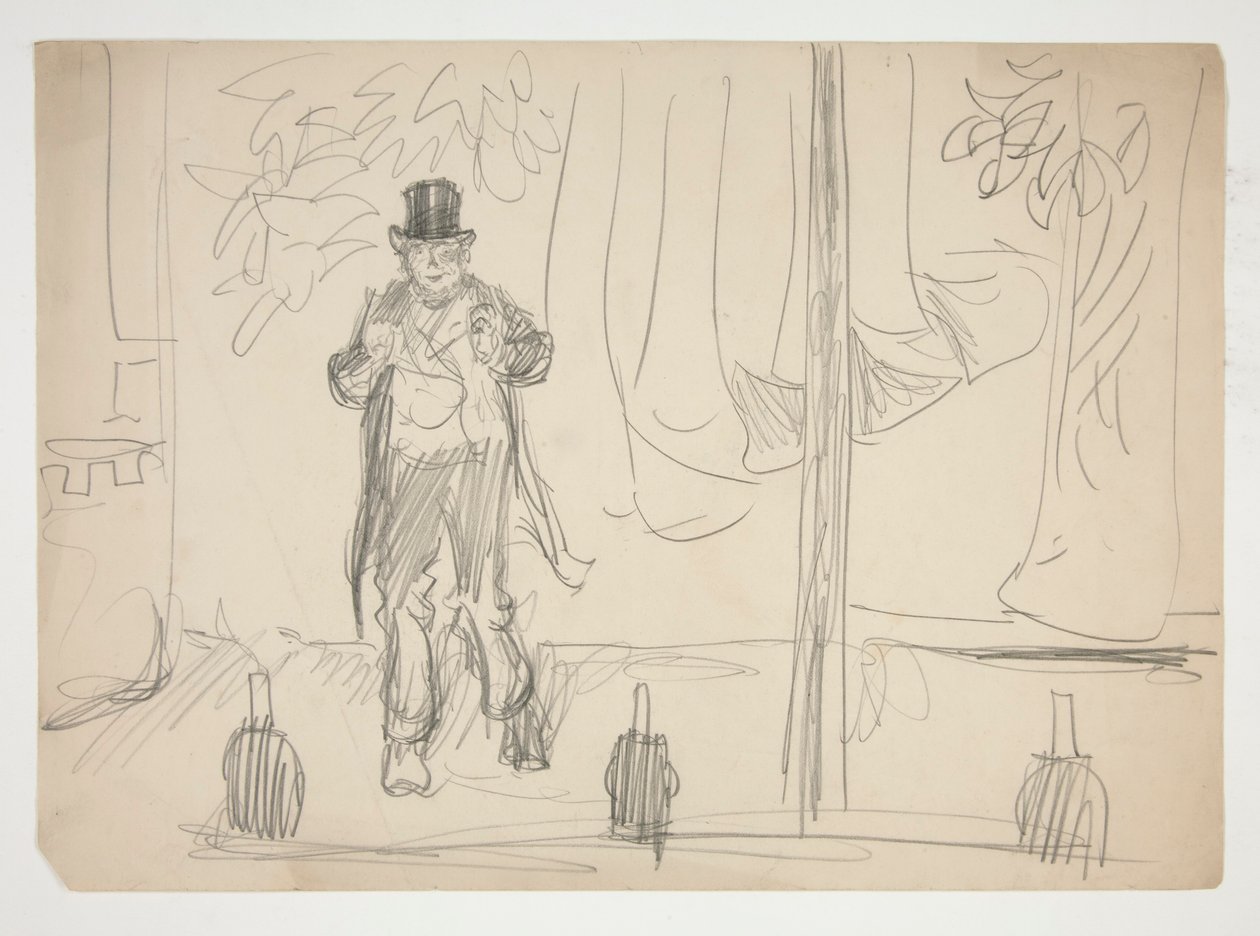 Cartoon van een acteur op het podium (?) - niet-geïdentificeerde illustratie door Edwin Austin Abbey