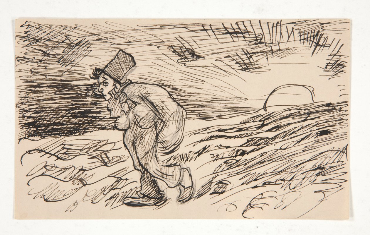 Cartoon van figuur die loopt bij zonsopgang, studie voor door Edwin Austin Abbey