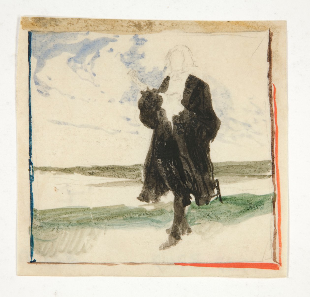 Man met mantel in landschap - niet-geïdentificeerde illustratie door Edwin Austin Abbey