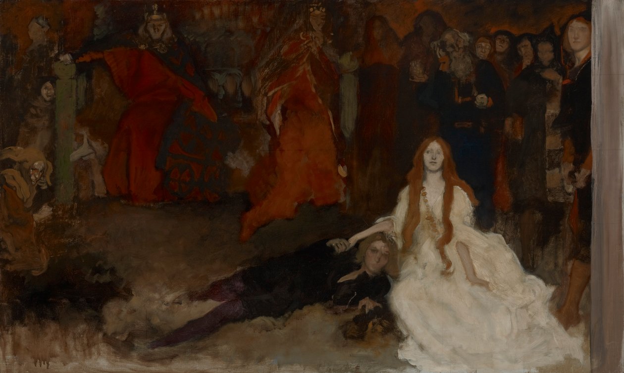 Compositorische studie, voor De toneelscène in Hamlet, Act III, Scene II door Edwin Austin Abbey