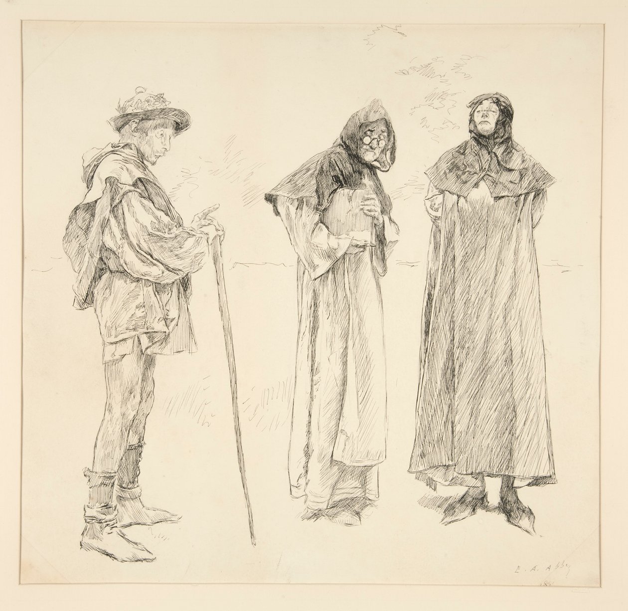 Dull, Sir Nathaniel, Holofernes, uit Act IV, Scene ii, Love door Edwin Austin Abbey
