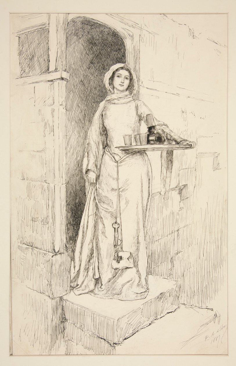 Enter Mevrouw Anne Page met wijn - Act I, Scene I, De Vrolijke Vrouwtjes van Windsor door Edwin Austin Abbey