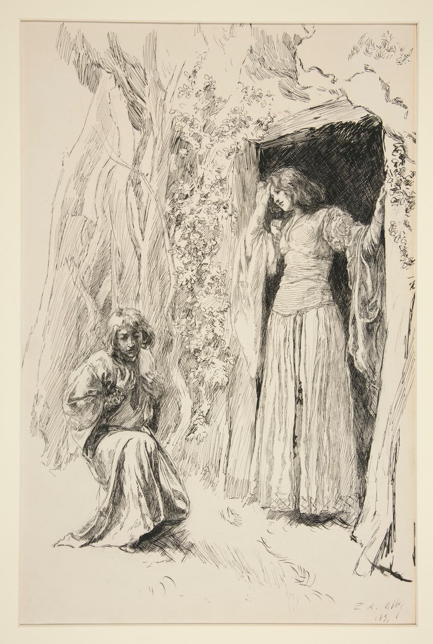 Ferdinand ontmoet Miranda, illustratie voor Act III, Scene i, De storm door Edwin Austin Abbey
