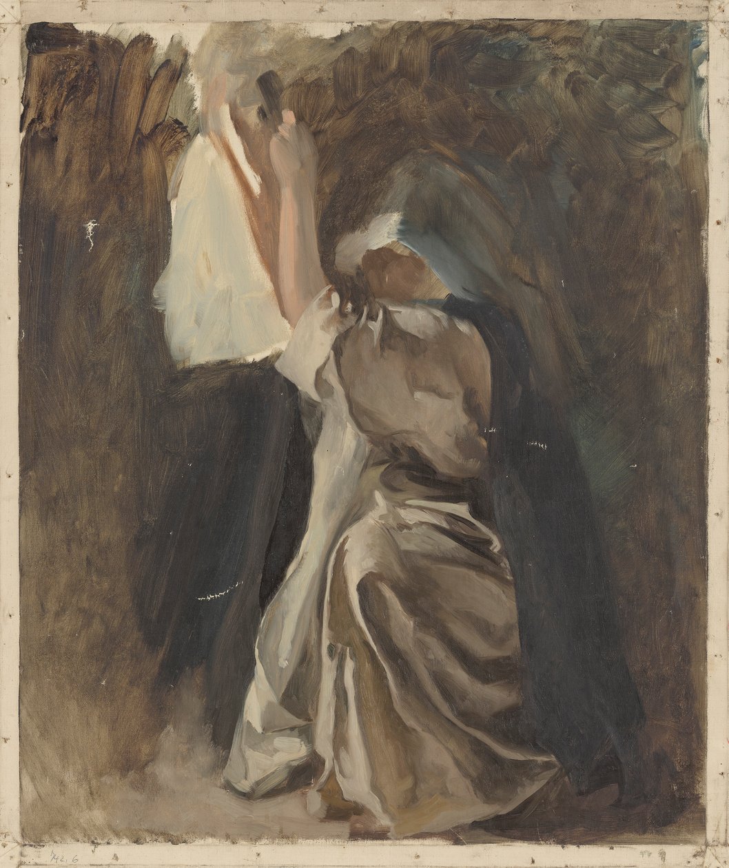 Figuurstudie van een non, voor De jeugd van Galahad, in De zoektocht en prestatie van de Heilige Graal, Boekafleveringsruimte, Boston Public Library door Edwin Austin Abbey