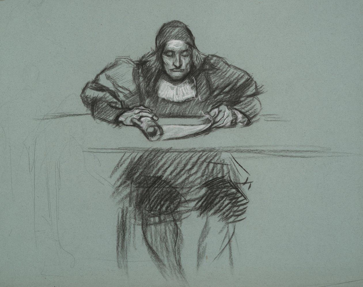 Figur voor proces van koningin Katherine. klerk aan bureau door Edwin Austin Abbey