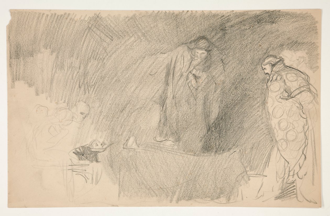 Figuur in rust, schets voor een ongeïdentificeerd Shakespeare toneelstuk door Edwin Austin Abbey