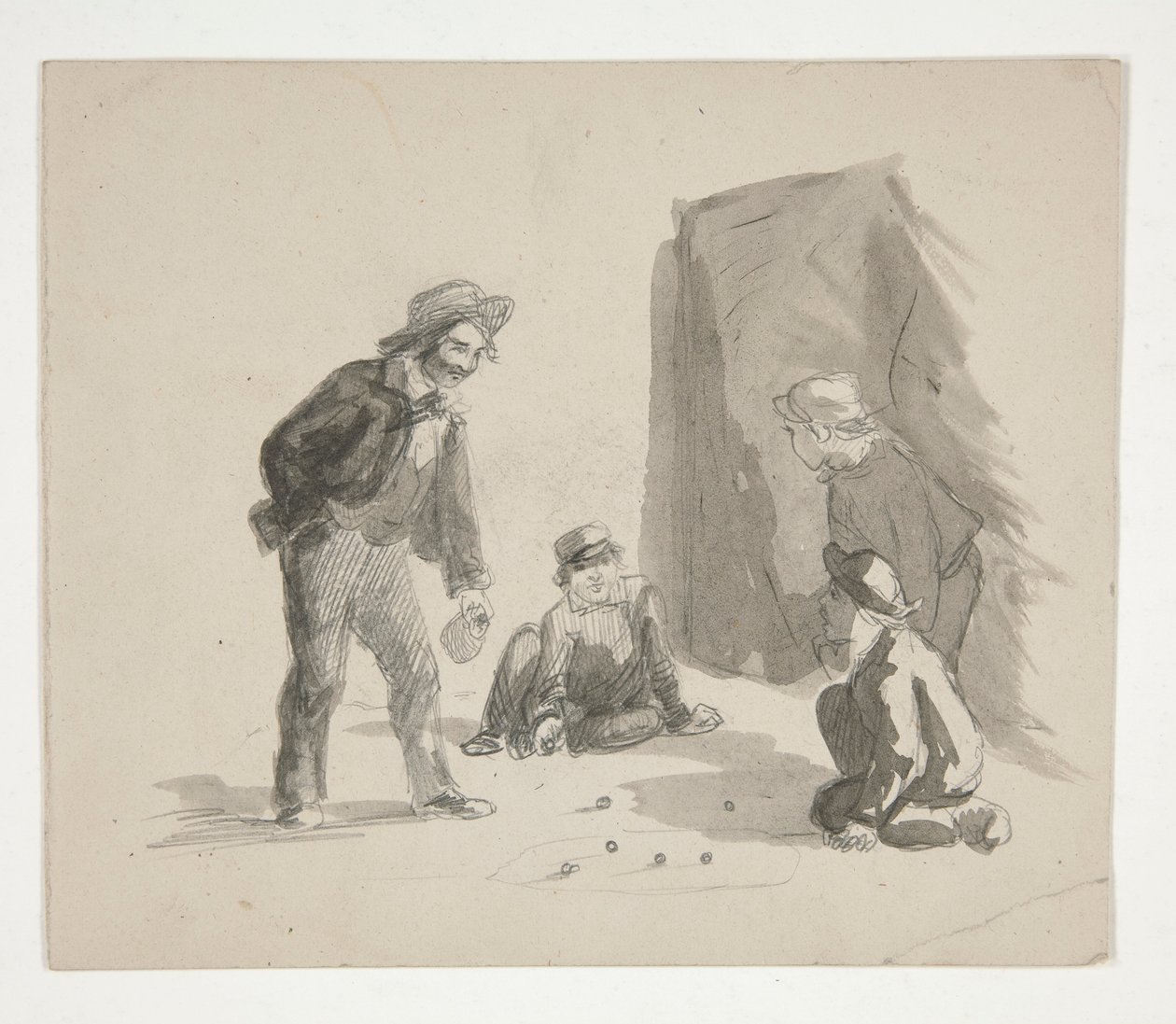 Vier jongens die knikkeren (recto); Onbekende illustratie van jongen bij ezel in interieur (verso) door Edwin Austin Abbey
