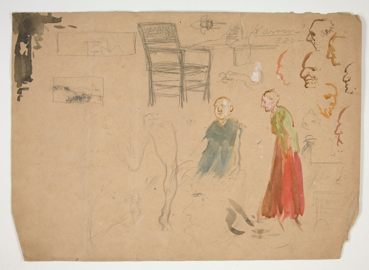 Hoofd- en figuurstudies, en studie van een stoel (recto); Schetsen voor boekillustraties (verso) door Edwin Austin Abbey