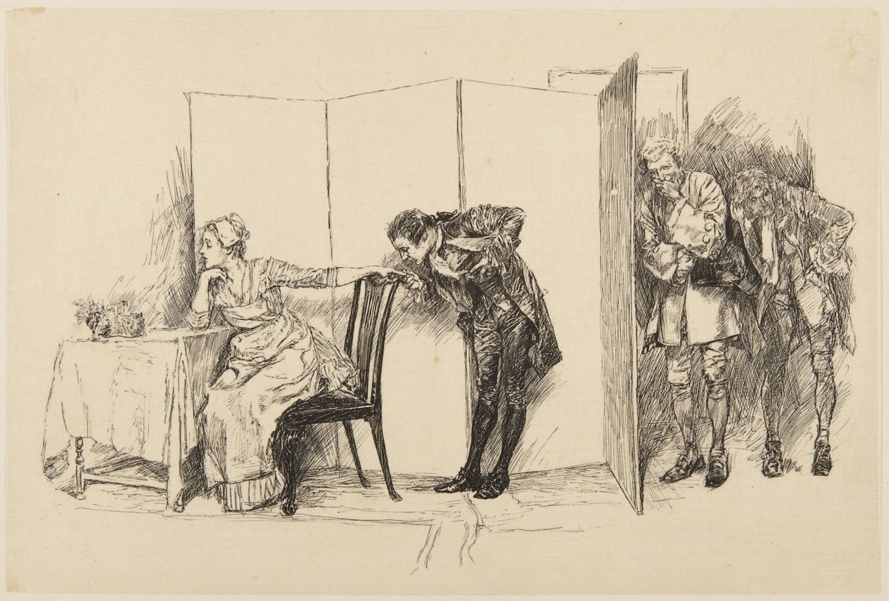 Illustratie voor Goldsmiths She Stoops to Conquer: „Hier, achter dit kamerscherm“ door Edwin Austin Abbey