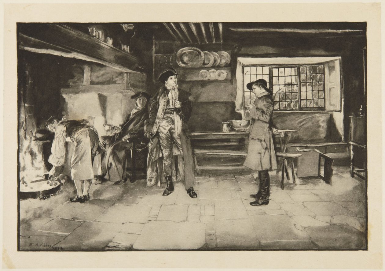 Illustratie voor Goldsmiths She Stoops to Conquer: „Niet beledigend bedoeld, maar vraag om vraag is eerlijk, weet u“ door Edwin Austin Abbey