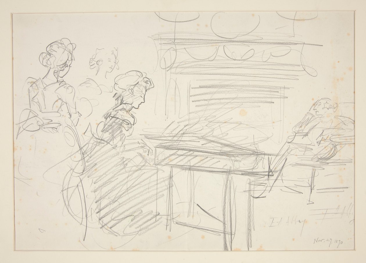 Interieur scène: vrouw aan piano en familie - niet-geïdentificeerde illustratie door Edwin Austin Abbey