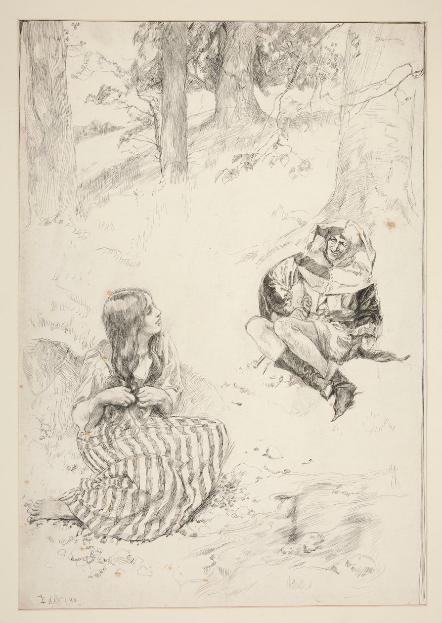 Nar en vrouw, schets voor The Daffodil Song door Edwin Austin Abbey