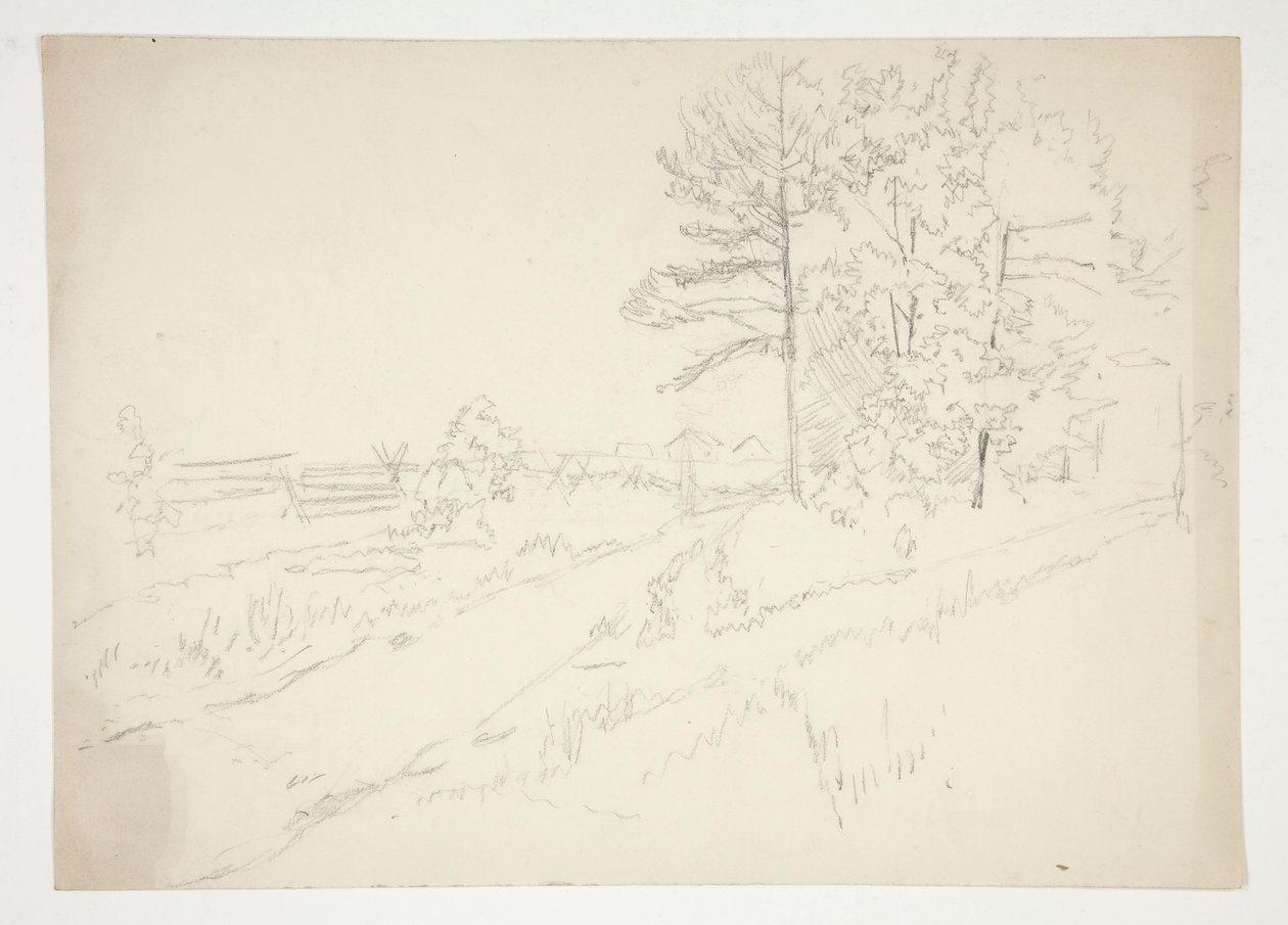 Landschap met weg die erdoorheen loopt door Edwin Austin Abbey