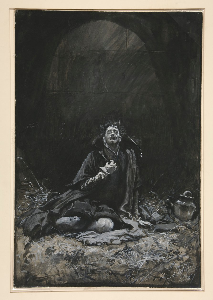 Malvolio in de kerker, illustratie voor Act III, Scene iv, Twelfth Night door Edwin Austin Abbey