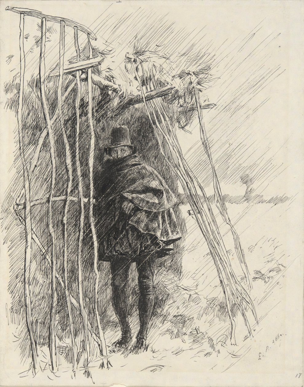Man in de regen, studie voor illustratie door Edwin Austin Abbey