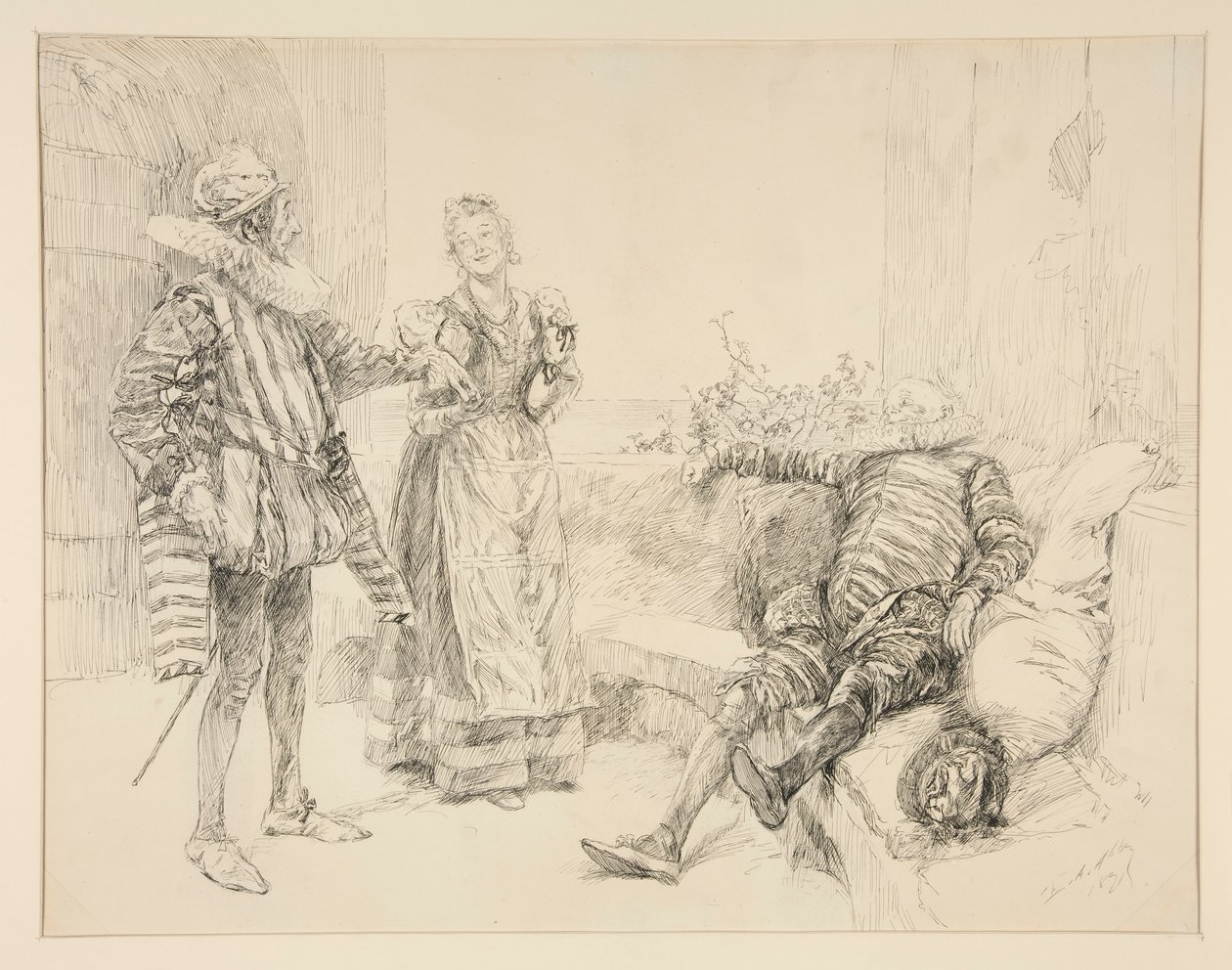 Maria, Sir Andrew en Toby, illustratie voor Act I, Scene iii, Driekoningenavond door Edwin Austin Abbey