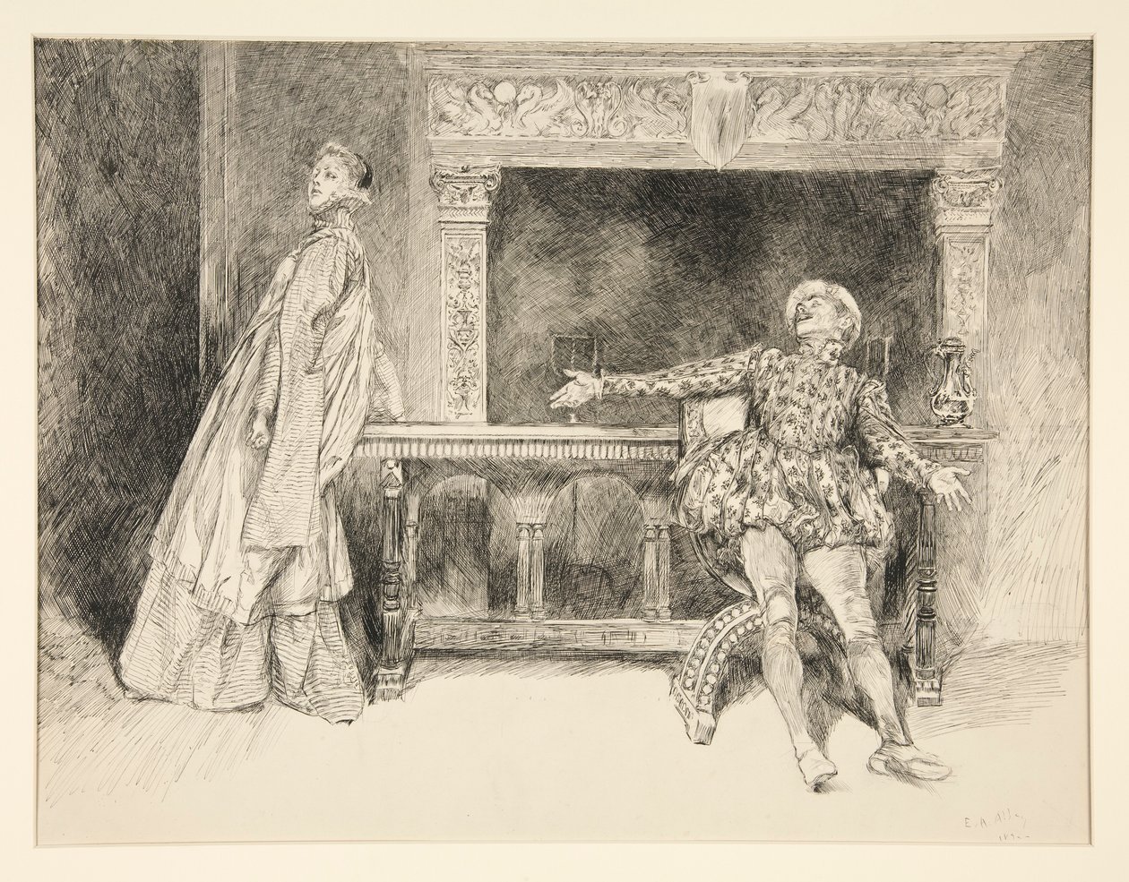 Petruchio plaagt Katharina, uit Act II, Scene i, Taming of the Shrew door Edwin Austin Abbey