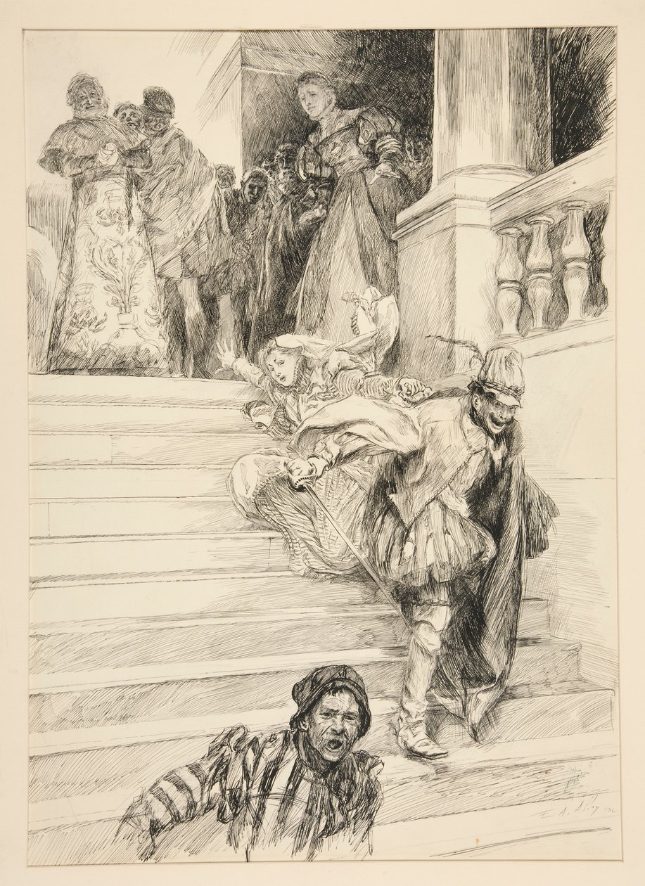 Petruchio voert zijn bruid weg, uit Act III, Scene ii, Temmen van de Feeks door Edwin Austin Abbey