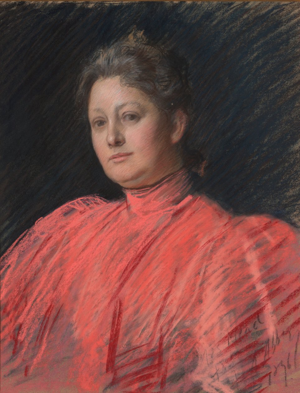 Portret van mevrouw Abbey in roze jurk, taille lengte door Edwin Austin Abbey