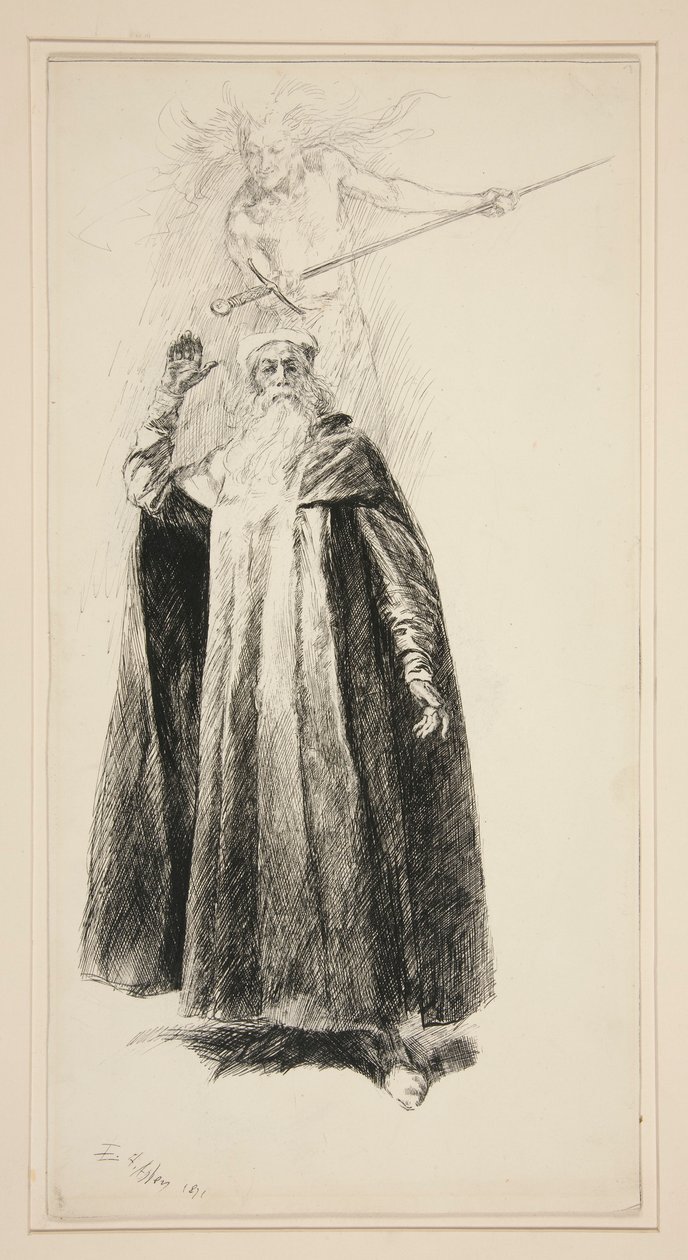 Prospero en Ariel, illustratie voor Act V, Scene i, The Tempest door Edwin Austin Abbey