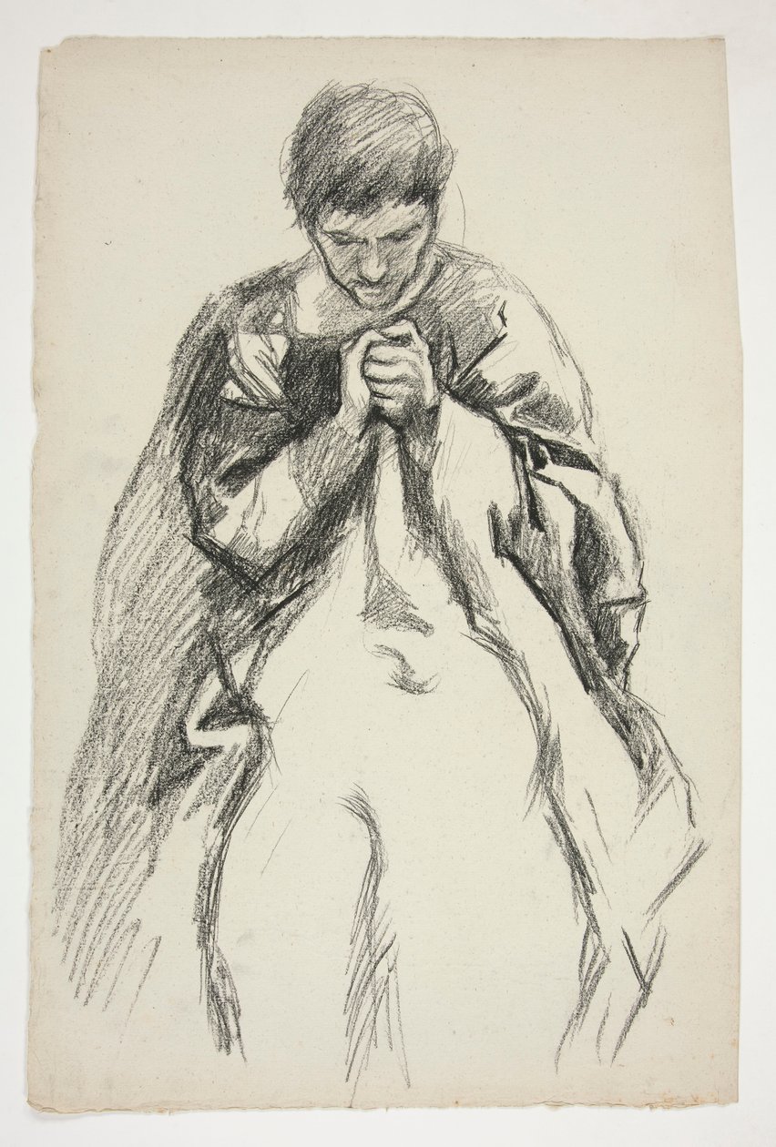 Geklede figuur, biddend: studie voor De zoektocht naar de Heilige Graal muurschildering serie in de Boston Public Library door Edwin Austin Abbey