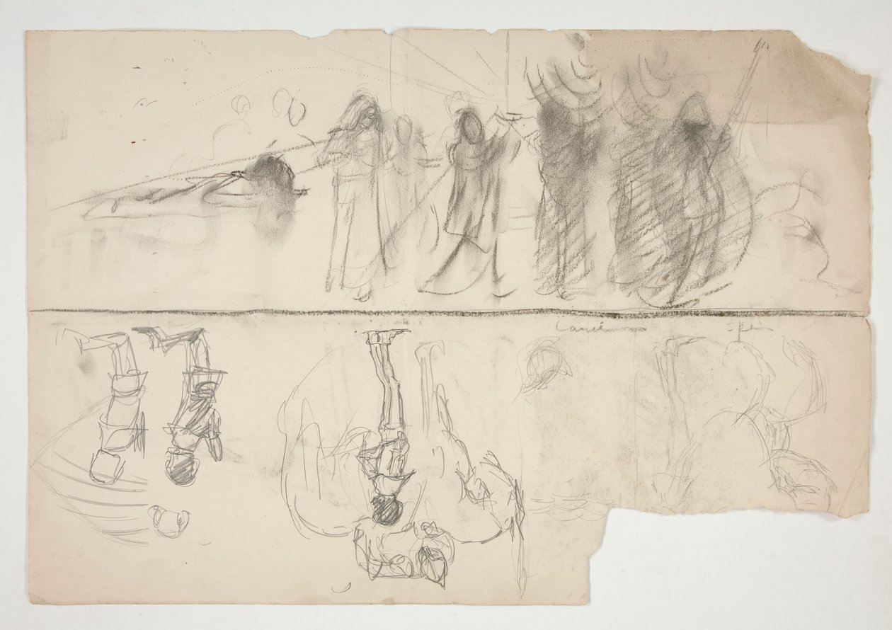 Blad met schetsen voor The Quest of the Holy Grail muurreeks in de Boston Public Library (recto); Ongeïdentificeerde schets (verso) door Edwin Austin Abbey