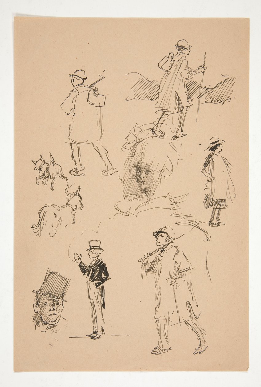 Blad met schetsen van landelijke figuren door Edwin Austin Abbey