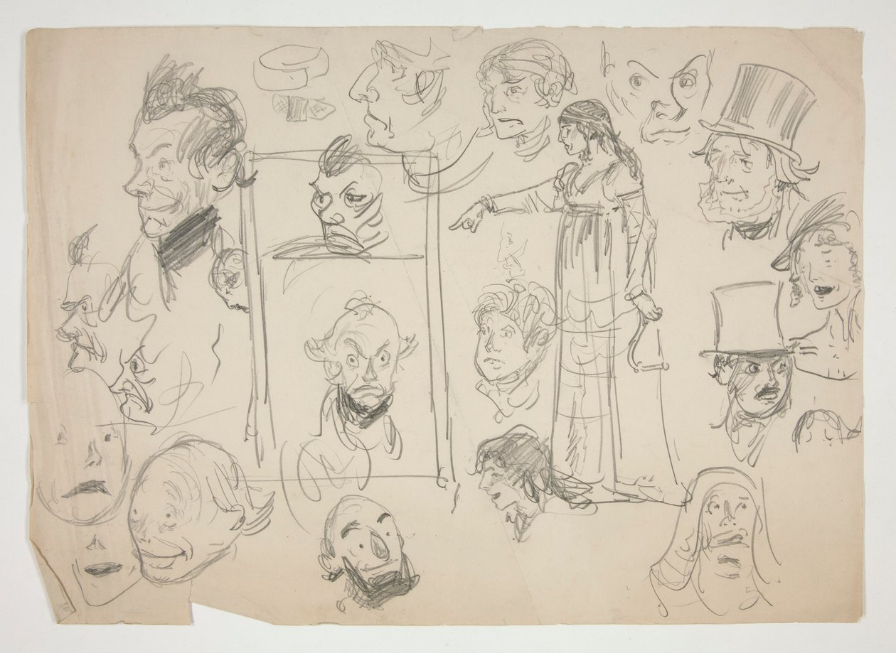Blad met schetsen van gezichten door Edwin Austin Abbey