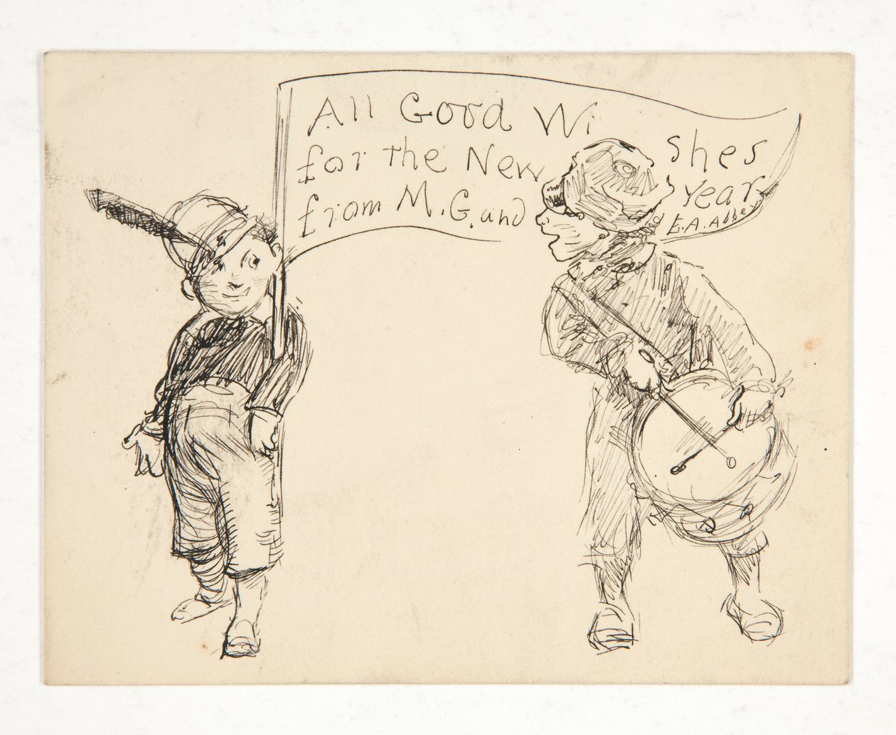 Schets voor een wenskaart: Alle Goede Wensen voor het Nieuwe Jaar van M.G. en E.A. Abbey door Edwin Austin Abbey