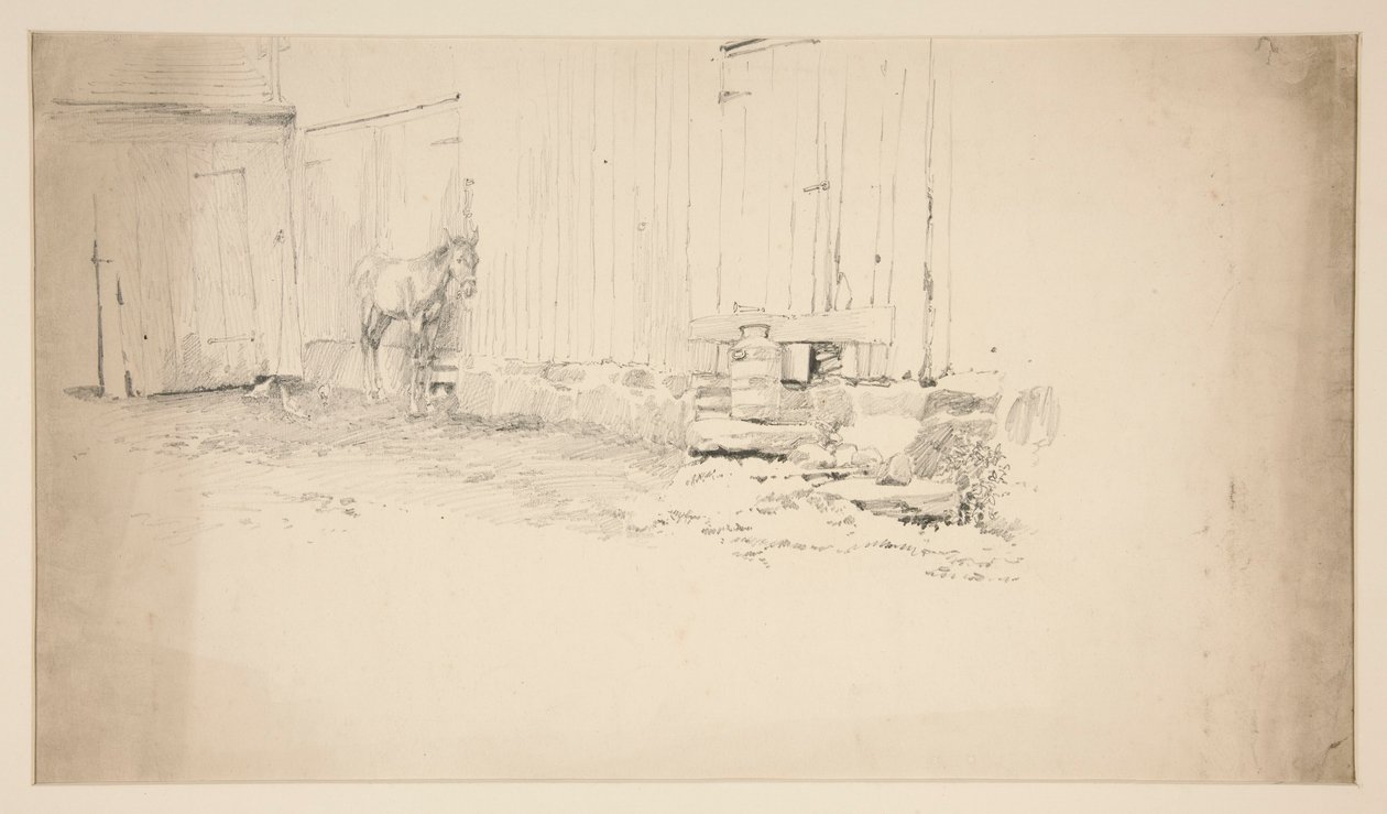 Schets van een boerenerf met een paard door Edwin Austin Abbey