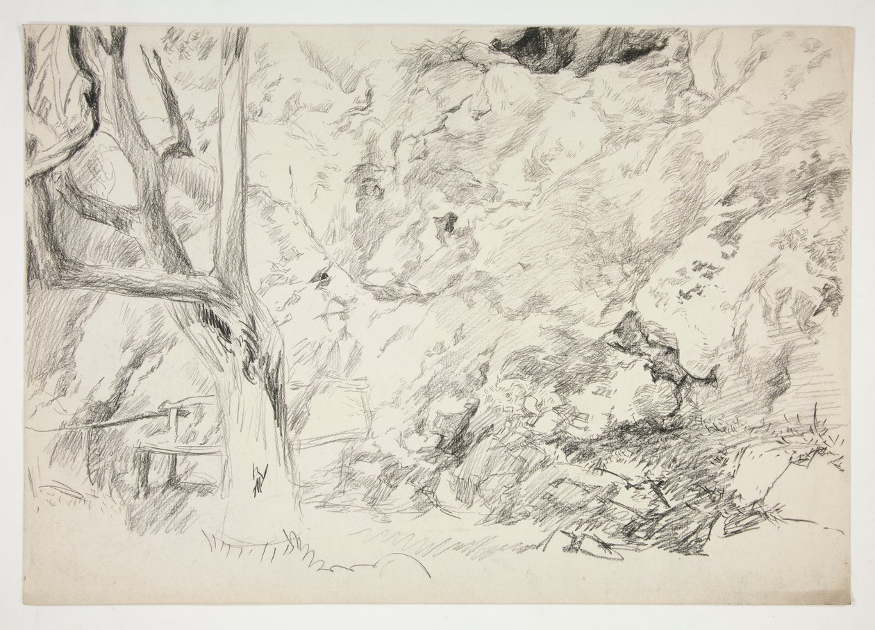 Schets van een landschap met boom, hek en vrouwelijke figuur door Edwin Austin Abbey