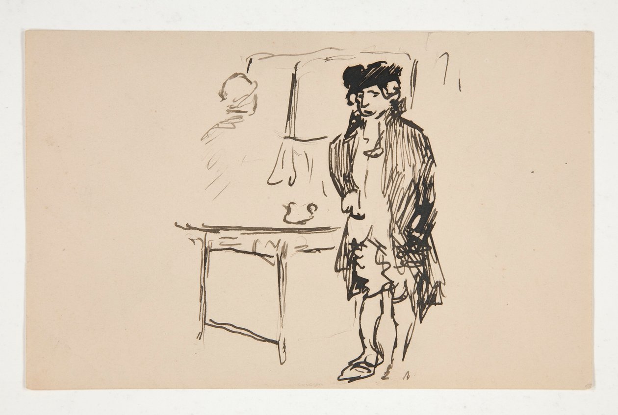 Schets van een man in revolutionaire kleding naast een tafel door Edwin Austin Abbey
