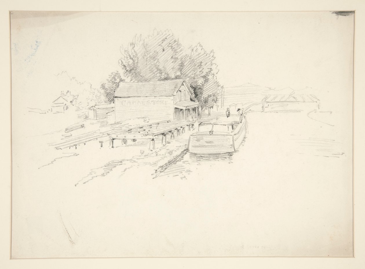 Schets van een pier, met vissersboot en dokwinkel door Edwin Austin Abbey