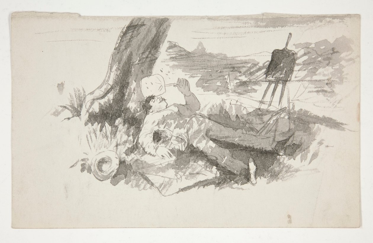 Schets van een plein-air schilder die een dutje doet onder een boom - niet-geïdentificeerde illustratie door Edwin Austin Abbey