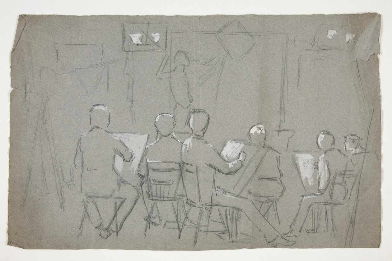 Schets van een kamer met studenten die een model tekenen door Edwin Austin Abbey