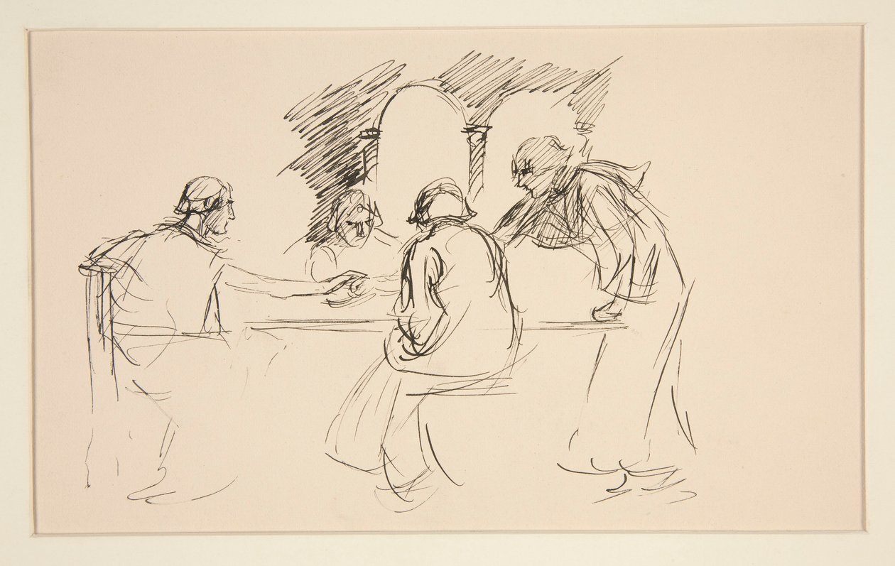 Schets van vier mannen in middeleeuwse kleding aan een tafel - niet-geïdentificeerde illustratie, mogelijk voor door Edwin Austin Abbey