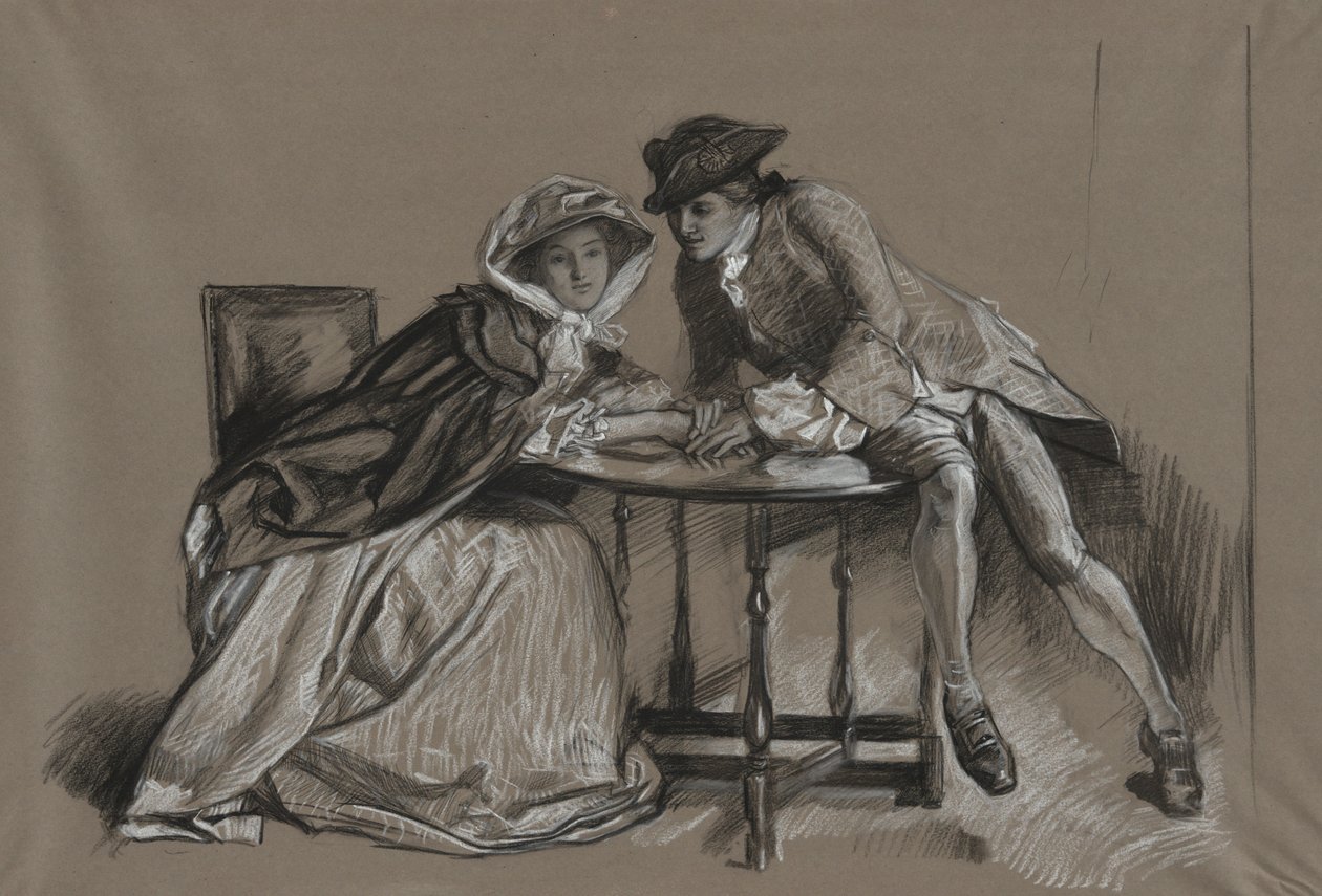 Studie. Dame en heer in gesprek aan een tafel door Edwin Austin Abbey