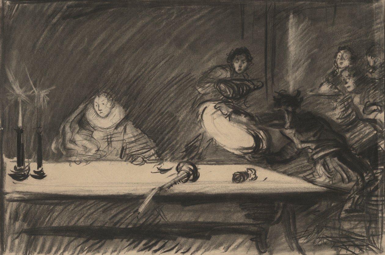 Studie voor Petruchio keert de schaal om - Act IV, Scene I, De getemde feeks door Edwin Austin Abbey