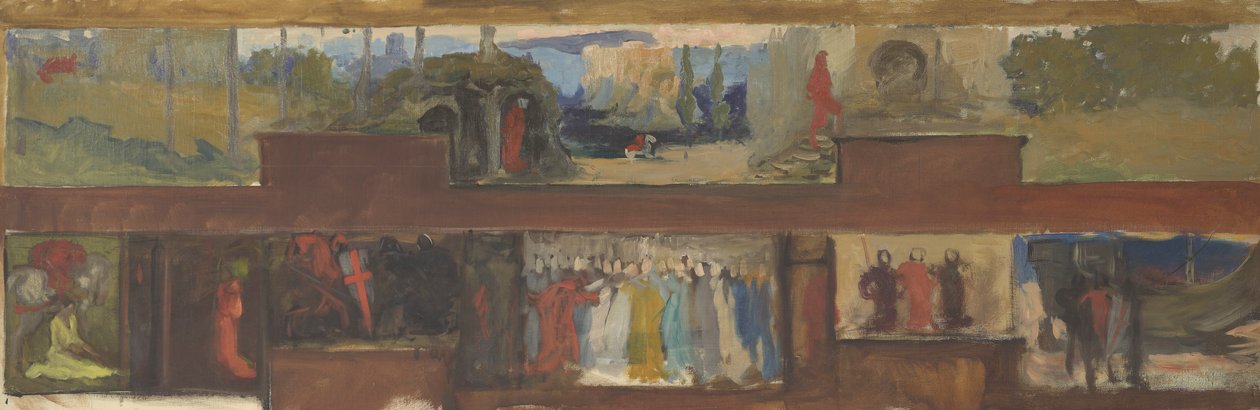 Studie voor De zoektocht en het bereiken van de Heilige Graal, Boekbezorgingsruimte, Boston Public Library door Edwin Austin Abbey