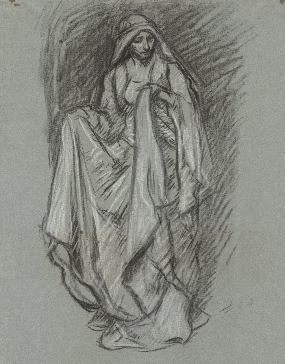 Studie voor gedrapeerde vrouw, figuurstudie voor De zoektocht naar de Heilige Graal (serie van 15 schilderijen voor de Boston Public Library, voltooid in 1901) door Edwin Austin Abbey