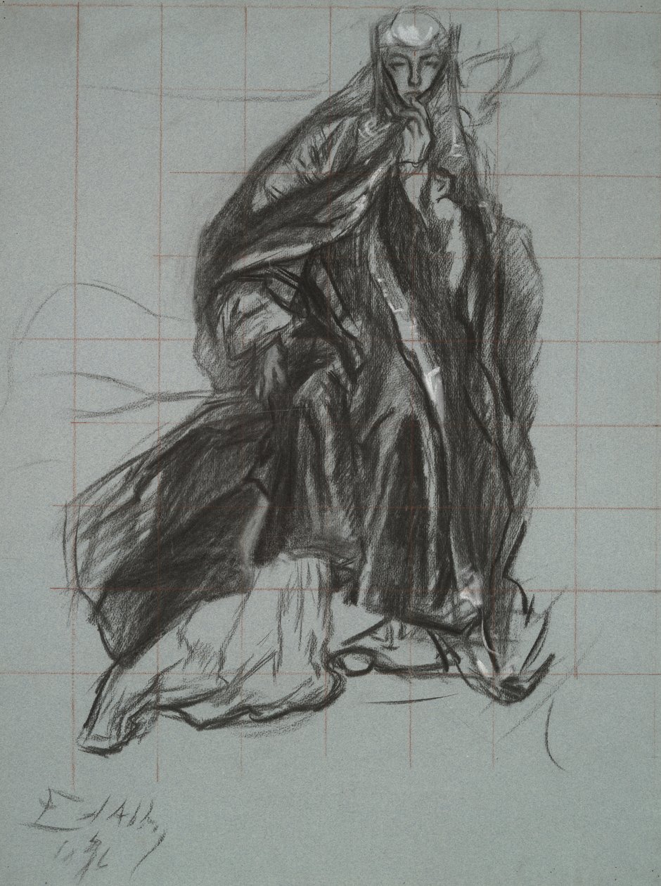 Studie voor de koningin, uit De toneelscène, Hamlet, act 3, scène 2 door Edwin Austin Abbey