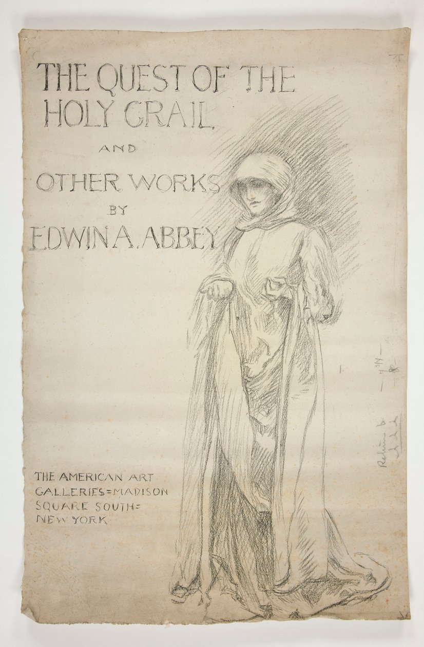 Studie voor de openingsaankondiging(?) van De zoektocht naar de Heilige Graal schilderijen: De zoektocht naar de Heilige Graal en andere werken van Edwin A. Abbey. Tekening voor de eerste omslag van de Abbey-catalogus. door Edwin Austin Abbey