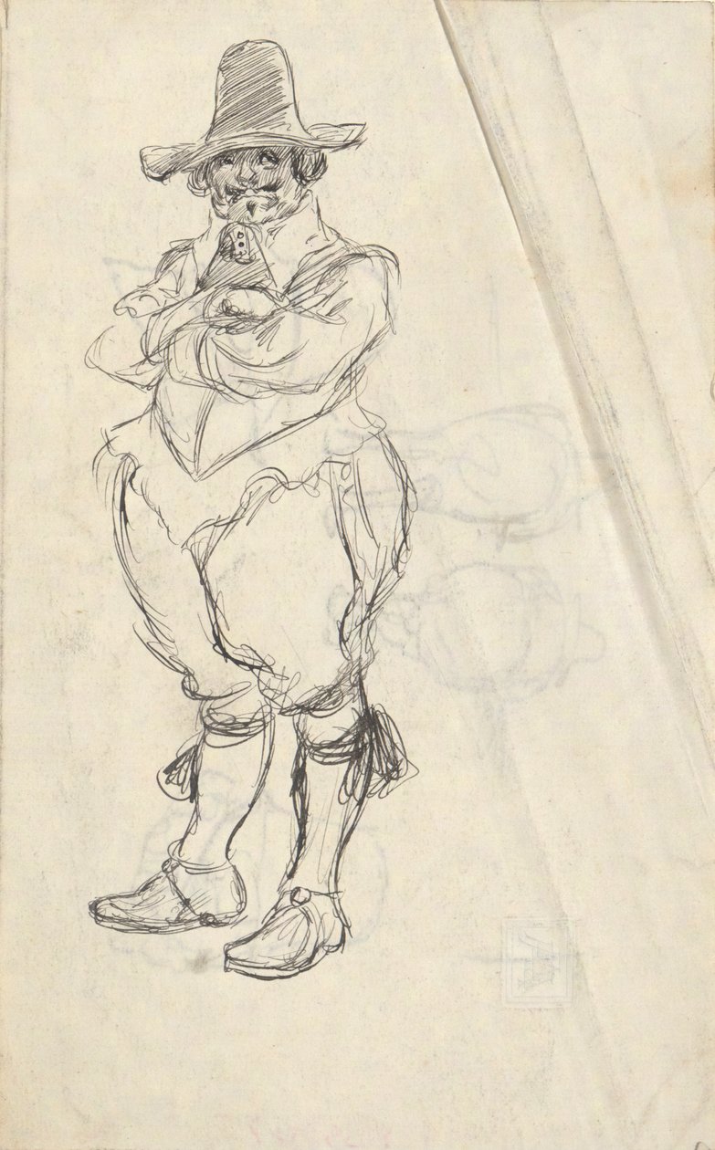 Studie van een man in XVIIe eeuwse Nederlandse kostuum - onbekend. Studies op de keerzijde door Edwin Austin Abbey