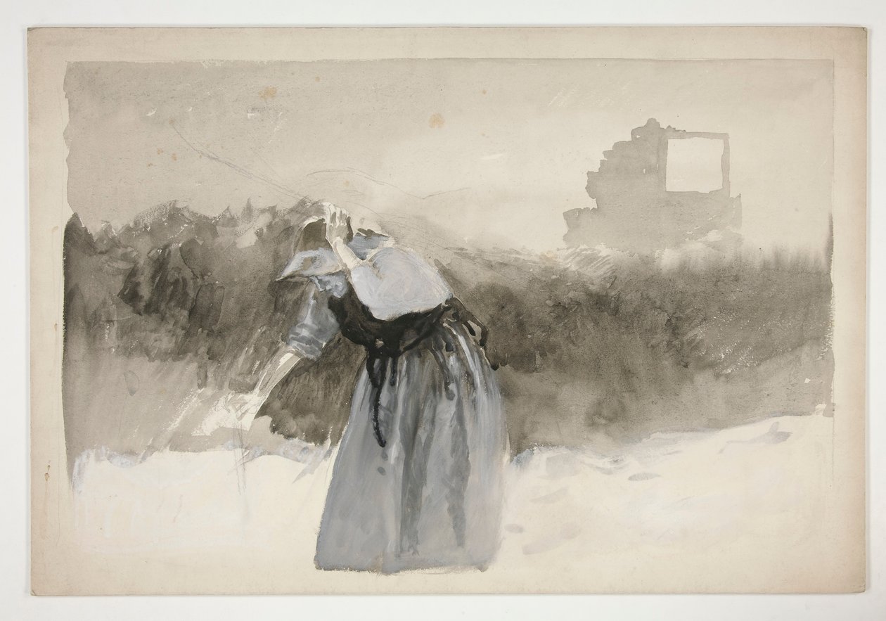 Studie van een vrouw met kapje, voorovergebogen - (ongeïdentificeerde illustratie) door Edwin Austin Abbey